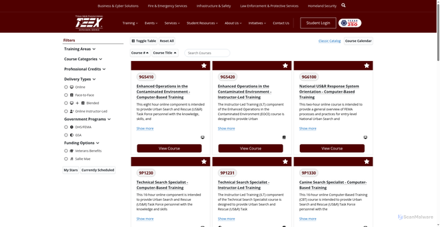 Security scan screenshot of https://teexonline.org/full-course-catalog/
