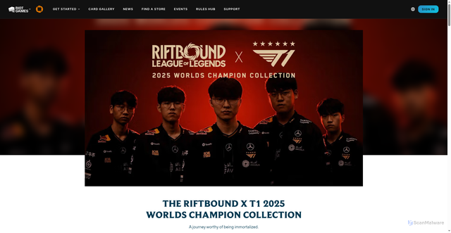 Security scan screenshot of https://playriftbound.com/en-us/news/announcements/the-riftbound-x-t1-2025-worlds-champion-collection/
