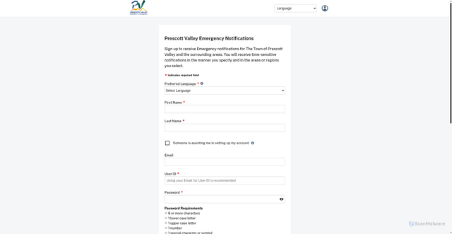 Security scan screenshot of https://www.smart911.com/smart911/ref/reg.action?pa=prescottvalley