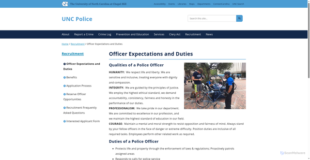 Security scan screenshot of https://police.unc.edu/recruitment/officer-expectations-duties/