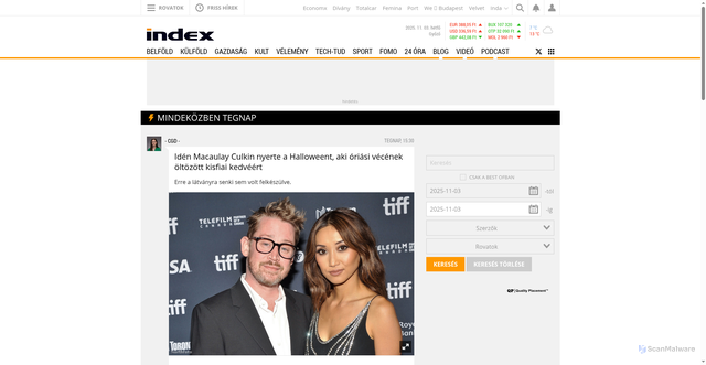 Security scan screenshot of https://index.hu/mindekozben/poszt/2025/11/02/iden-macaulay-culkin-nyerte-a-halloweent-aki-vecenek-oltozott-kisfiai-kedveert/