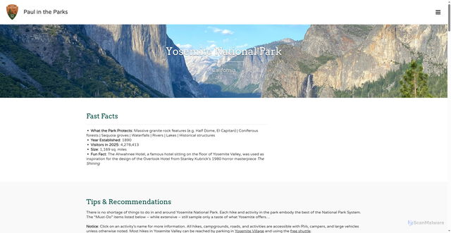 Security scan screenshot of https://www.paulintheparks.com/national-park-guide/yosemite-national-park/