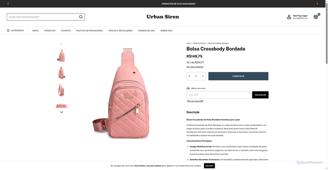 Security scan screenshot of https://urbansirenstyle.com/produtos/bolsa-crossbody-bordada/