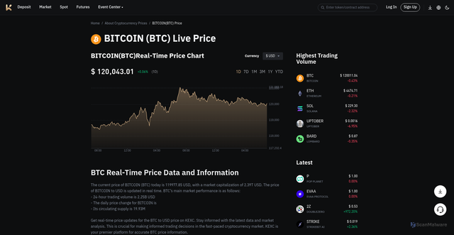 Security scan screenshot of https://www.kcex.com/price/btc