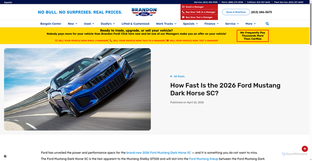 Security scan screenshot of https://www.brandonford.com/blog/how-fast-is-the-2026-ford-mustang-dark-horse-sc/