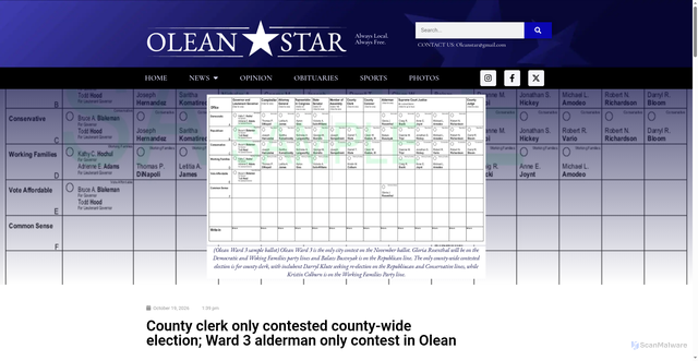 Security scan screenshot of https://oleanstar.com/blog/2026/10/19/county-clerk-only-contested-county-wide-election-ward-3-alderman-only-contest-in-olean/