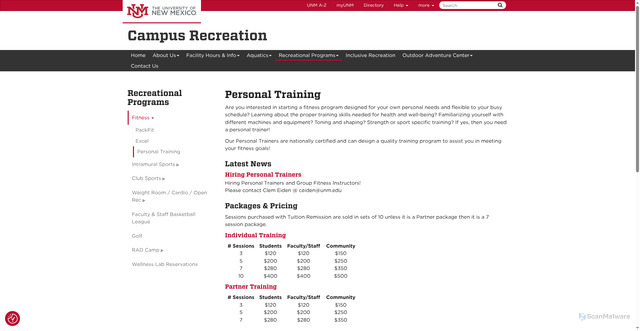 Security scan screenshot of https://recservices.unm.edu/recreation/fitness/personal-training.html