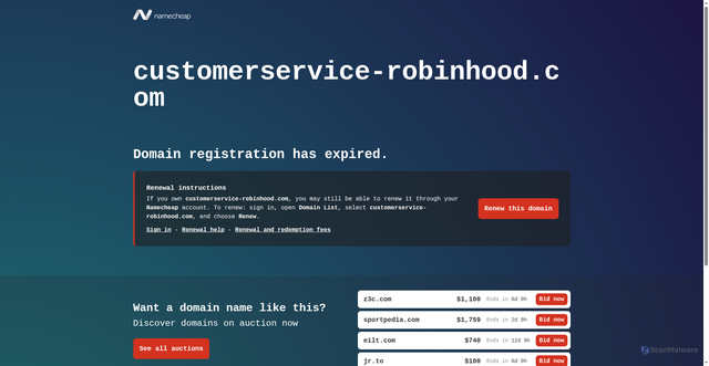 Security scan screenshot of http://customerservice-robinhood.com/