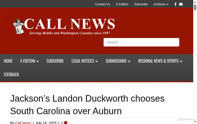 Security scan screenshot of https://www.thecallnews.com/2025/07/18/jacksons-landon-duckworth-chooses-south-carolina-over-auburn/