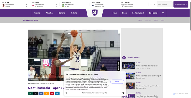 Security scan screenshot of https://goholycross.com/news/2025/11/1/mens-basketball-mens-basketball-opens-2025-26-campaign-at-providence.aspx