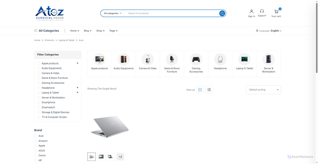 Security scan screenshot of https://atozsurgcialhouse.store/product-category/laptop-tablet/acer/
