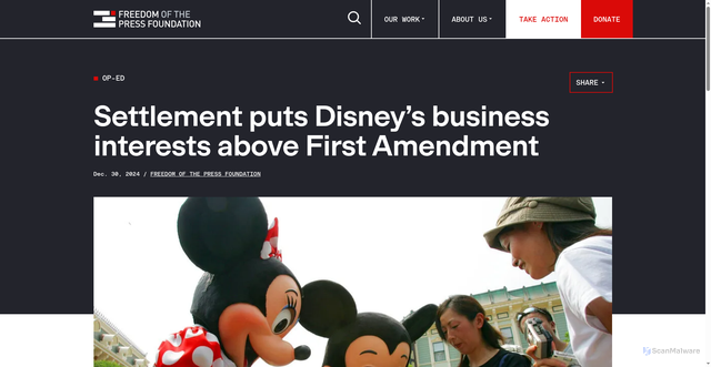 Security scan screenshot of https://freedom.press/issues/settlement-puts-disneys-business-interests-above-first-amendment/