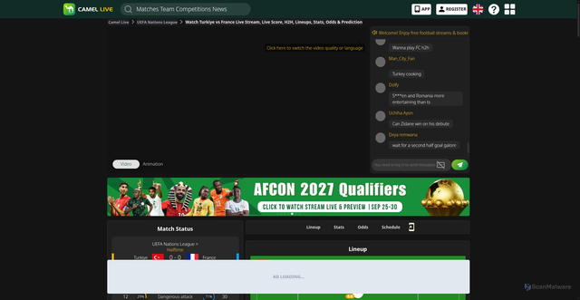 Security scan screenshot of https://www.camel1.to/football/match/turkiye-vs-france/jw2r09hk5y92rz8