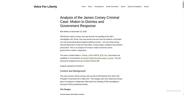 Security scan screenshot of https://www.wichitaliberty.org/politics/james-comey-criminal-case-motion-to-dismiss-and-government-response/