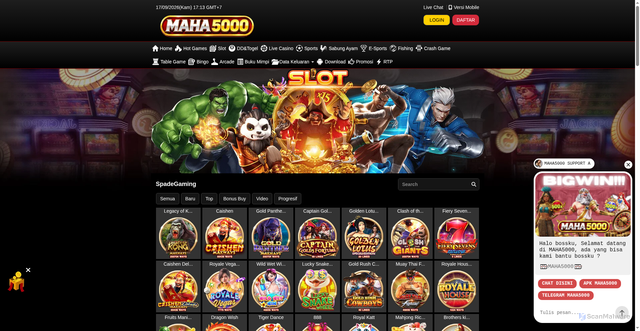 Security scan screenshot of https://dwdapkmaha5000.com/desktop/game/slot/spadegaming