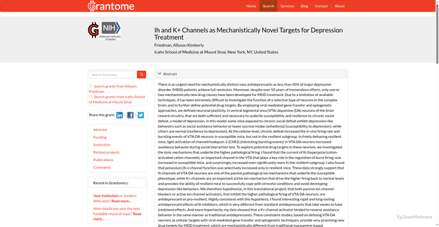Security scan screenshot of https://grantome.com/grant/NIH/F32-MH096464-03