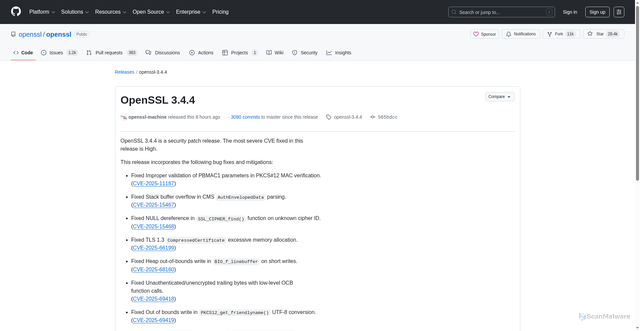 Security scan screenshot of https://github.com/openssl/openssl/releases/tag/openssl-3.4.4