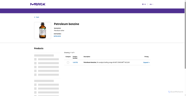 Security scan screenshot of https://www.sigmaaldrich.com/US/en/substance/petroleumbenzine1234564742490?srsltid=AfmBOopo9GpfyZq5zHAWrHRkwjWJK8OB8ROkFT6bvobWq5WG4u2SNBf2