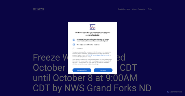 Security scan screenshot of https://trfnews.i234.me/wordpress/freeze-warning-issued-october-7-at-229am-cdt-until-october-8-at-900am-cdt-by-nws-grand-forks-nd/