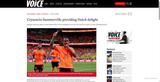 Security scan screenshot of https://www.voice-online.co.uk/sport/football/2026/06/24/crysencio-summerville-providing-dutch-delight/