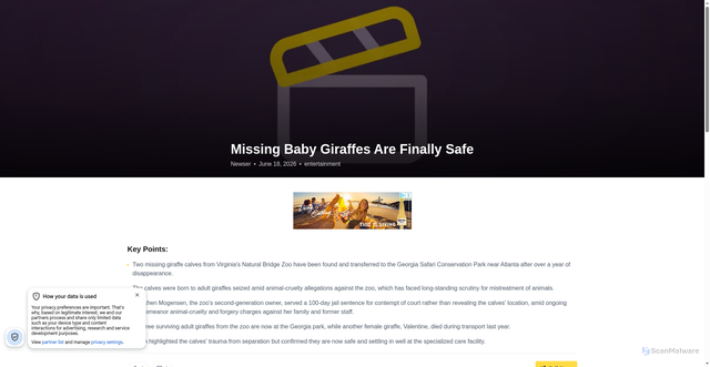Security scan screenshot of https://cashwalklabs.io/news/missing-baby-giraffes-are-finally-safe