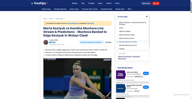 Security scan screenshot of https://www.freetips.com/tennis/wuhan-open/marta-kostyuk-vs-karolina-muchova-betting-tips-20251006-0032/