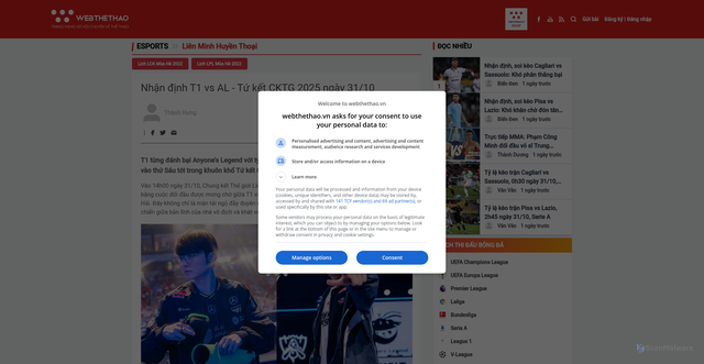 Security scan screenshot of https://webthethao.vn/lien-minh-huyen-thoai/nhan-dinh-t1-vs-al-tu-ket-cktg-2025-ngay-3110-RWB0zCgDg.htm