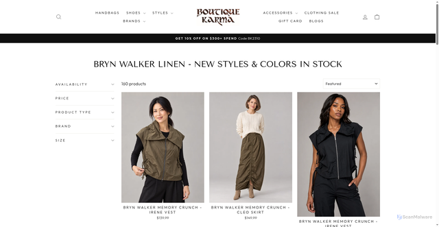 Security scan screenshot of https://shopboutiquekarma.com/collections/bryn-walker-linen-new-styles-colors-in-stock-free-shipping?srsltid=AU7gw4WxucDlNrJTsYlVYJDJ16o9FvQCYjjE_WYaEem--ZHZ3ymGu2Gu