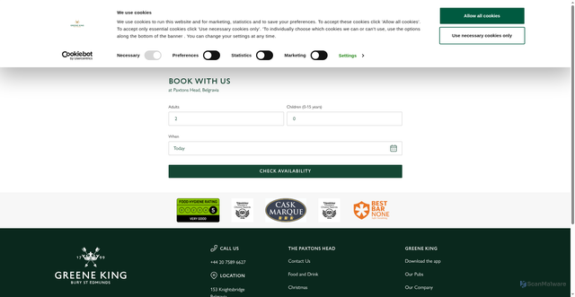 Security scan screenshot of https://www.greeneking.co.uk/pubs/greater-london/paxtons-head/book?td_id=22f8501baf30b3bf9d0a3470fb6c334286c43d0f92e3eb2d8a902009f6742c23&utm_source=braze&utm_medium=email&utm_campaign=ht_auto_welcome_2501-stage-1&utm_keyword=email&utm_content=footer_icon_book