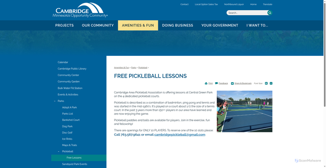 Security scan screenshot of https://www.ci.cambridge.mn.us/amenities-fun/pickleball/free-lessons
