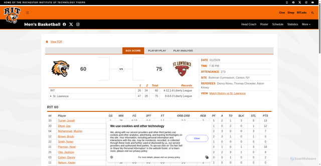 Security scan screenshot of https://ritathletics.com/sports/mens-basketball/stats/2025-26/st-lawrence/boxscore/14195