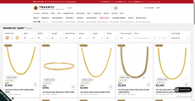 Security scan screenshot of https://traxnyc.com/search?q=palm