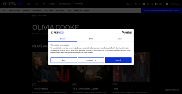 Security scan screenshot of https://www.screenuk.org/profile/olivia-cooke/