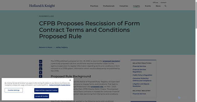 Security scan screenshot of https://www.hklaw.com/en/insights/publications/2025/11/cfpb-proposes-rescission-of-form-contract-terms-and-conditions