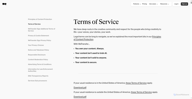 Security scan screenshot of https://wetransfer.com/explore/legal/terms?trk=TRN_TDL_05