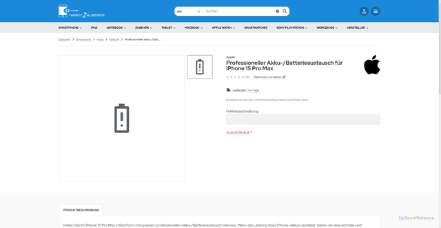 Security scan screenshot of https://handy-zauberer.de/product_info.php?products_id=1