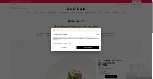 Security scan screenshot of https://www.globus.ch/restaurants?sc_src=email_4193620&sc_lid=288357136&sc_uid=zP3R20i424&sc_llid=269395&sc_customer=0327f37c9208167d9b0b5fb90d68e28589aef0066bddedd98d9d5328a5adbcbc&utm_source=newsletter_de&utm_medium=email&utm_campaign=20260826_prom_beautydays_start_DE_4193620&guid=0327f37c9208167d9b0b5fb90d68e28589aef0066bddedd98d9d5328a5adbcbc&utm_content=