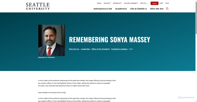Security scan screenshot of https://www.seattleu.edu/who-we-are/leadership/office-of-the-president/updates/2024/remembering-sonya-massey.php