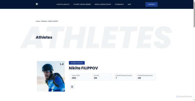 Security scan screenshot of https://ismf-ski.com/athlete/nikita-filippov/