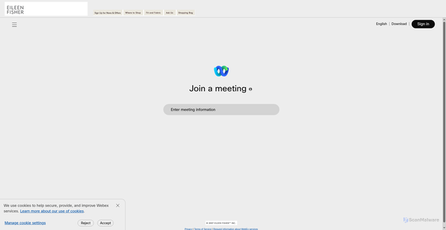 Security scan screenshot of https://eileenfisher.webex.com
