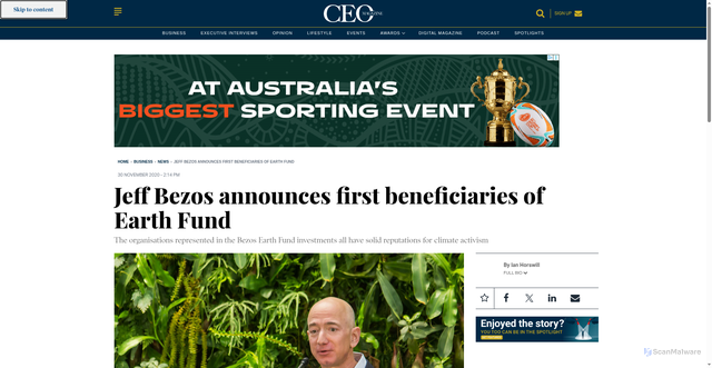 Security scan screenshot of https://www.theceomagazine.com/business/news/bezos-earth-fund-beneficiaries/