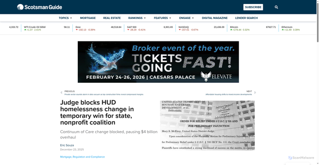 Security scan screenshot of https://www.scotsmanguide.com/news/judge-blocks-hud-homelessness-change-in-temporary-win-for-state-nonprofit-coalition/