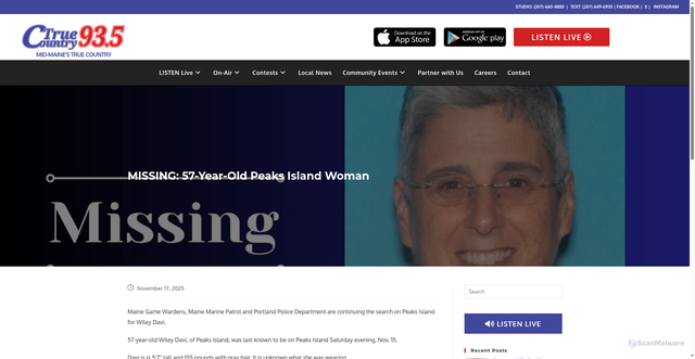 Security scan screenshot of https://truecountry935.com/missing-57-year-old-peaks-island-woman/
