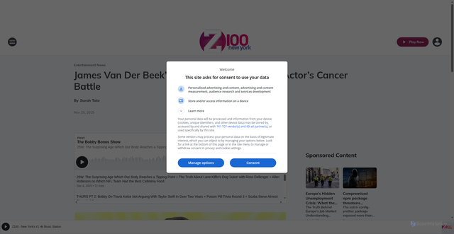 Security scan screenshot of https://z100.iheart.com/content/2025-11-25-james-van-der-beeks-wife-shares-update-on-actors-cancer-battle/