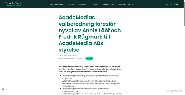 Security scan screenshot of https://academedia.se/nyheter/academedias-valberedning-foreslar-nyval-av-annie-loof-och-fredrik-ragmark-till-academedia-abs-styrelse/