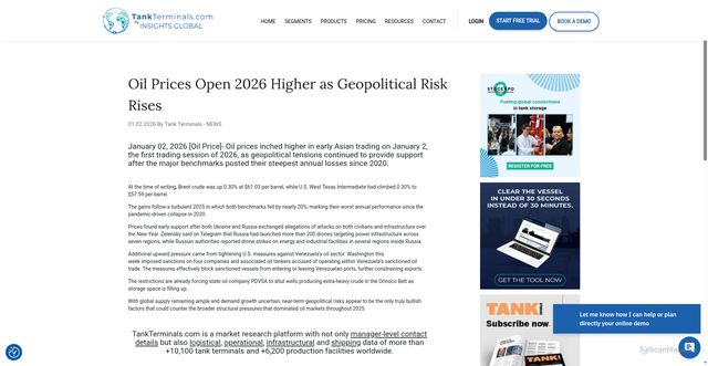 Security scan screenshot of https://tankterminals.com/news/oil-prices-open-2026-higher-as-geopolitical-risk-rises/