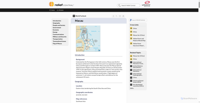 Security scan screenshot of https://relief.unboundmedicine.com/relief/view/The-World-Factbook/563142/all/Macau