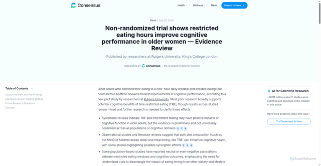 Security scan screenshot of https://topics.consensus.app/news/non-randomized-trial-shows-restricted-eating-hours-improve-cognitive-performance-in-older-women-evidence-review