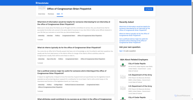Security scan screenshot of https://app.joinhandshake.com/employers/office-of-congressman-brian-fitzpatrick-173017/questions