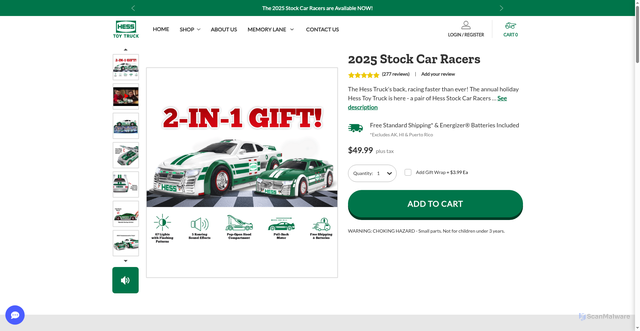Security scan screenshot of https://hesstoytruck.com/2025-stock-car-racers/